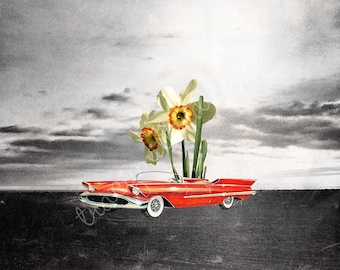 Collage de arte vintage de un coche descapotable rojo de la década de 1940, impresión de 8 x 10 pulgadas.