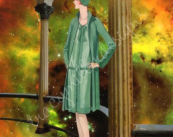 Collage de arte surrealista espacial de una dama con vestido verde de la década de 1920. Impresión de 8 x 10 pulgadas.