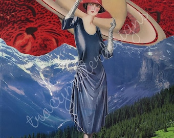 Collage de arte surrealista de 8 x 10 pulgadas con una dama vestida de azul en el espacio, inspirado en Saturno, de la década de 1930.