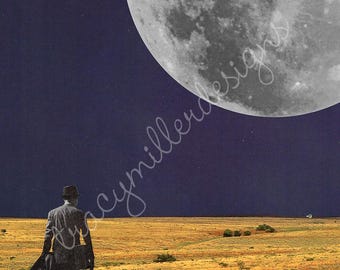 Collage de arte surrealista con paisaje lunar y hombre vintage, 8 x 10 pulgadas.