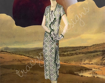 Cuadro de una dama de la moda de los años 30 con luna roja llena, collage artístico, impresión de 8 x 10 pulgadas.