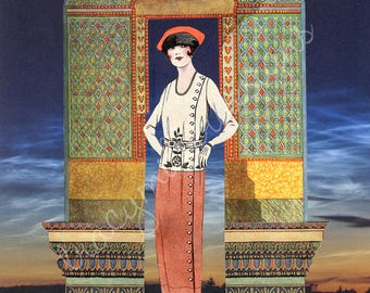 Collage artístico surrealista y colorido de una dama a la moda de los años 20. Impresión de 8 x 10 pulgadas.