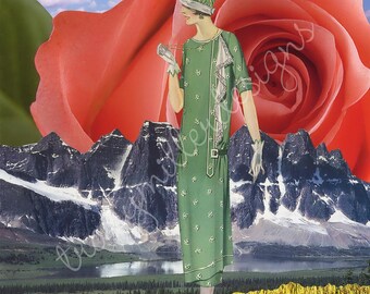 Collage artístico de 8 x 10 pulgadas con una dama vestida de verde y rodeada de montañas y rosas rojas, década de 1930.