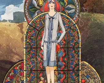 Collage de arte surrealista con vidrieras coloridas de la moda de los años 20, impresión de 8 x 10 pulgadas