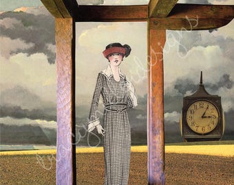 Collage de vestido de estilo surrealista de los años 20 con fondo de naturaleza suave. Impresión de 8 x 10 pulgadas.