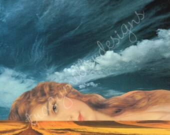 Paisaje surrealista, collage artístico vintage de Lady Moody, impresión de 8 x 10 pulgadas.