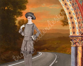 Collage artístico surrealista de puesta de sol con una dama a la moda de los años 20. Impresión de 8 x 10 pulgadas.