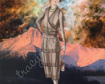 Collage de arte surrealista de 8 x 10 pulgadas con una dama de la moda de los años 30 y una nebulosa espacial.