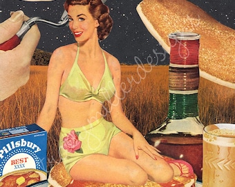 Anuncio vintage de panqueques de la década de 1960, collage de arte surrealista, impresión de 8 x 10 pulgadas.