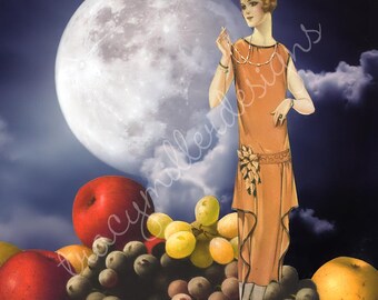 Collage artístico surrealista de frutero con luna llena, estilo años 20.