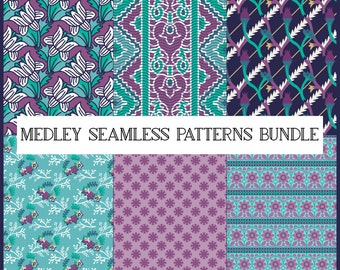 Purple Aqua Medley Seamless Patterns Digital Files Bundle