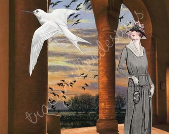 Collage de arte surrealista con pájaros y naturaleza, estilo años 20. Impresión de 8 x 10 pulgadas.