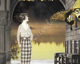 Collage artístico surrealista de mariposa amarilla de la década de 1920