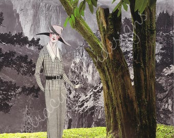 Collage artístico surrealista de 8 x 10 pulgadas con una dama a la moda de los años 20 y la naturaleza en calma.