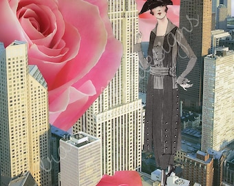 Collage surrealista de arte urbano con rosas rosas y una dama a la moda de los años 20. Impresión de 8 x 10 pulgadas.