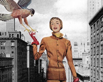 Impresión artística enmarcada de revistas vintage de collage surrealista de Lady in NY con Hawk de MCM
