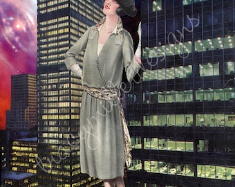 Collage de arte surrealista de 8 x 10 pulgadas con una dama de la moda de los años 30 en el espacio y el cielo de Nueva York.