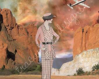 Collage de escena natural de arte surrealista con dama de la moda de los años 20. Impresión de 8 x 10 pulgadas.