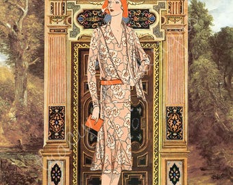 Collage artístico de la década de 1930: Dama vestida de azul, claraboya de catedral. Impresión de 8 x 10 pulgadas.