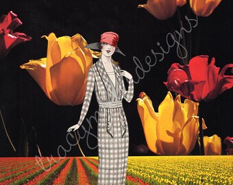 Collage artístico surrealista de la década de 1920 con un campo de tulipanes rojos y amarillos. Impresión de 8 x 10 pulgadas.