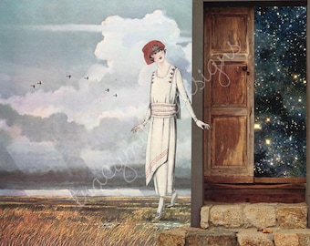 Collage de arte surrealista con temática de la moda de los años 20, naturaleza suave y tranquila. Impresión de 8 x 10 pulgadas.