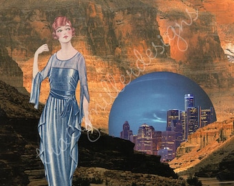 Collage de vestido azul de arte surrealista de la década de 1920, estilo dama, espacio natural. Impresión de 8 x 10 pulgadas.