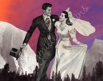 Anuncio vintage de los años 50: "Recién casados", collage de arte surrealista, impresión de 8 x 10 pulgadas.