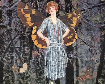 Collage de arte surrealista de 8 x 10 pulgadas con alas de mariposa y estilo de los años 30.
