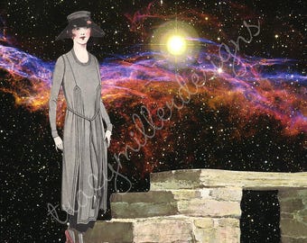 Collage artístico surrealista de escena espacial con una dama a la moda de los años 20. Impresión de 8 x 10 pulgadas.