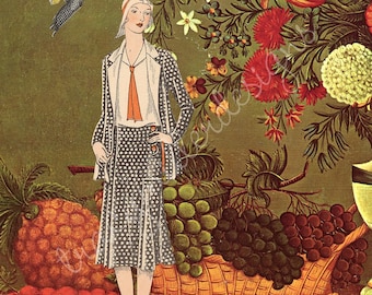 Fotografía de 8 x 10 pulgadas con una dama a la moda de los años 20, estilo surrealista, con motivos de pájaros, flores y frutas.