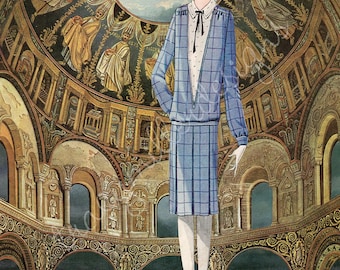 Collage artístico de la década de 1920: Dama vestida de azul en la claraboya de una catedral. Impresión de 8 x 10 pulgadas.