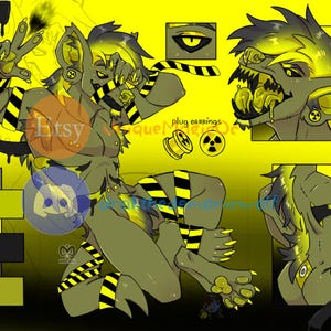 May include: A digital character reference sheet featuring a grey and yellow creature with black and yellow hazard striped bands. The illustration includes multiple poses, a close-up of an eye, and a pair of circular plug earrings with a radiation symbol.