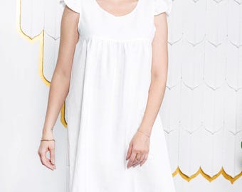 Ruffle Sleeve Linen Nightgown, Custom Size Organic Loungewear Dress