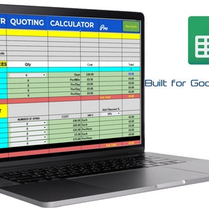 May include: A laptop computer displaying a spreadsheet titled "VR Quoting Calculator Pro" with a green Google Sheet icon in the upper right corner. The spreadsheet is designed to calculate costs for virtual reality projects.
