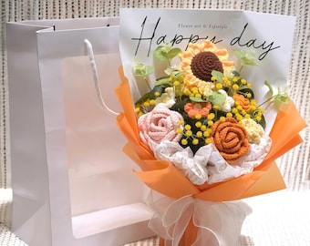Handmade Sunflower Crochet Bouquet, Rose Bouquet Romantic Gift for girlfriend, Unique Mother, Anniversary, Birthday gift