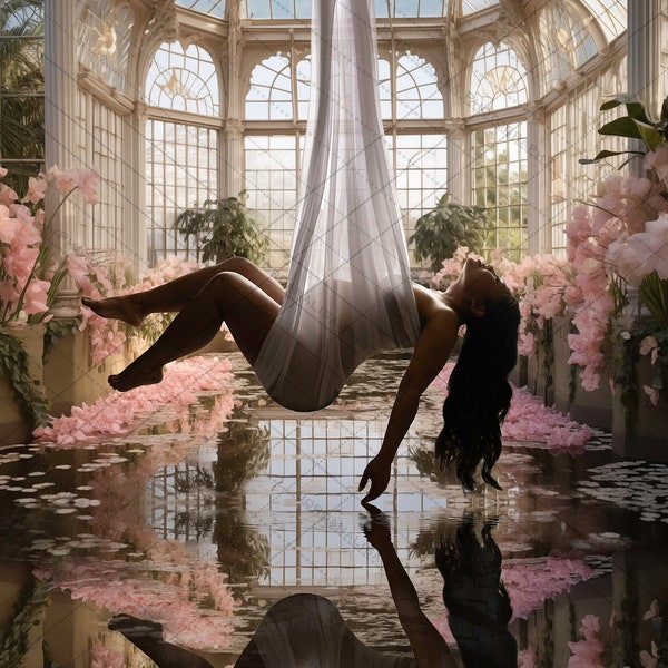 Fine Art Digital Backdrop Pink Castle Conservatory Solarium Garden Fantasy Hanging Maternity Boudoir Wedding Photography Background