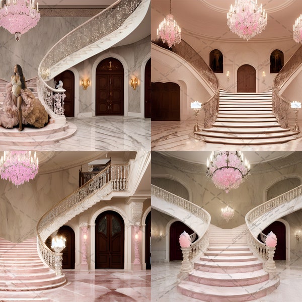 4-Pack! Fine Art Digital Backdrop Grand Staircase Photography Composite Pink Marble Portrait  Overlay