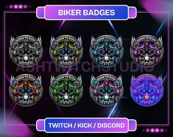 Op de afbeelding: Acht verschillende gekleurde Twitch, Kick en Discord biker badges met de tekst "Born to Ride" en een biker op een motorfiets met vleugels.