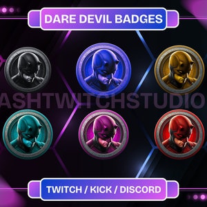 Könnte beinhalten: Sechs runde Abzeichen mit einem stilisierten Bild von Daredevil in verschiedenen Farbschemata. Die Abzeichen sind mit "Daredevil Badges" und "Twitch/Kick/Discord" beschriftet.
