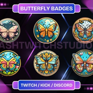 Butterfly Badge Set (6x) For Twitch/YouTube/Discord | Bit Icons | Twitch Emblems | Discord Roles |