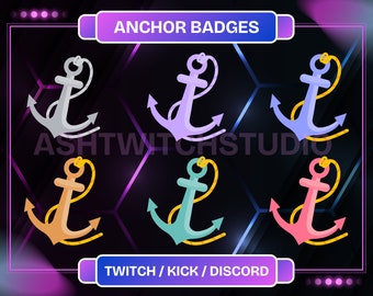 Op de afbeelding: Een afbeelding met zes ankerbadges in verschillende kleuren: grijs, paars, blauw, oranje, turquoise en roze. Elk anker heeft een gouden touw en staat tegen een donkere achtergrond met de tekst "ANCHOR BADGES" en "TWITCH / KICK / DISCORD".