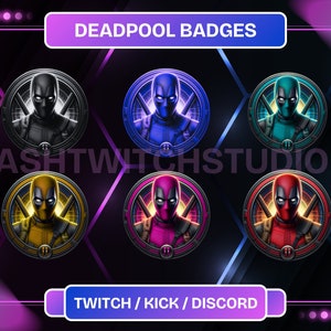 Puede incluir: Seis insignias de Deadpool de diferentes colores con una imagen en blanco y negro de Deadpool en el centro. Las insignias están en un patrón de cuadrícula con el texto "DEADPOOL BADGES" en la parte superior y "TWITCH / KICK / DISCORD" en la parte inferior.