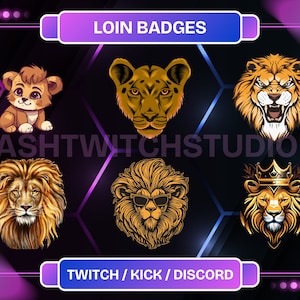 6 odznak Kawaii Lion Sub/Bit dla Twitcha | Odznaki Discord | Przezroczyste PNG | Gotowe do użycia | Natychmiastowe pobranie | Zasoby strumieniowe.