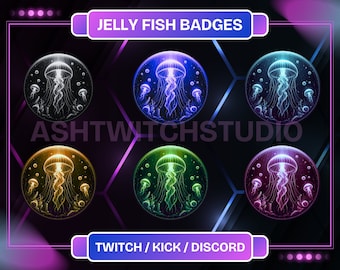 Op de afbeelding: Zes verschillende gekleurde Twitch-badges met een kwal met gloeiende tentakels. De badges zijn rond en hebben een zwarte achtergrond. De tekst "JELLY FISH BADGES" staat bovenaan de afbeelding en de tekst "TWITCH / KICK / DISCORD" staat onderaan de afbeelding.