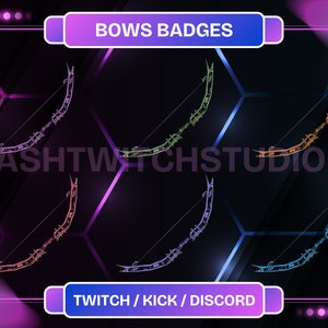 Może przedstawiać: Zestaw sześciu kolorowych odznak z łukiem i strzałami na sześciokątnym tle. Tekst "BOWS BADGES" znajduje się w górnej części obrazu, a "TWITCH / KICK / DISCORD" w dolnej części.