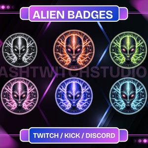 May include: Six different alien head badges with a lightning bolt design. The badges are in a circle with a black background and a neon glow. The colors of the badges are blue, green, orange, pink, purple, and white.