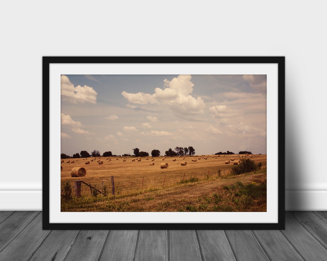 Framed Farm Photography Print of Hay Bales in a Field Country Landscape ...