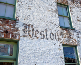 Weston on a White Brick Wall Photography Print - Downtown Weston Missouri Florilegium - Rustic Brick Wall Art for your Home