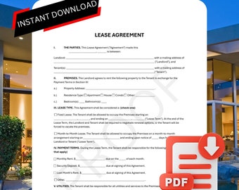 Lease Agreement - Residential Rent Agreement - Landlord/Tenant - Ready to Print, Ready to Sign, Easy to Fill Out, Printable Instant Download