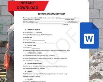 Editable Dumpster Rental Contract Agreement, Dumpster Rental Contract Template, Dumpster Rental Agreement, Dumpster Rental Contract Template
